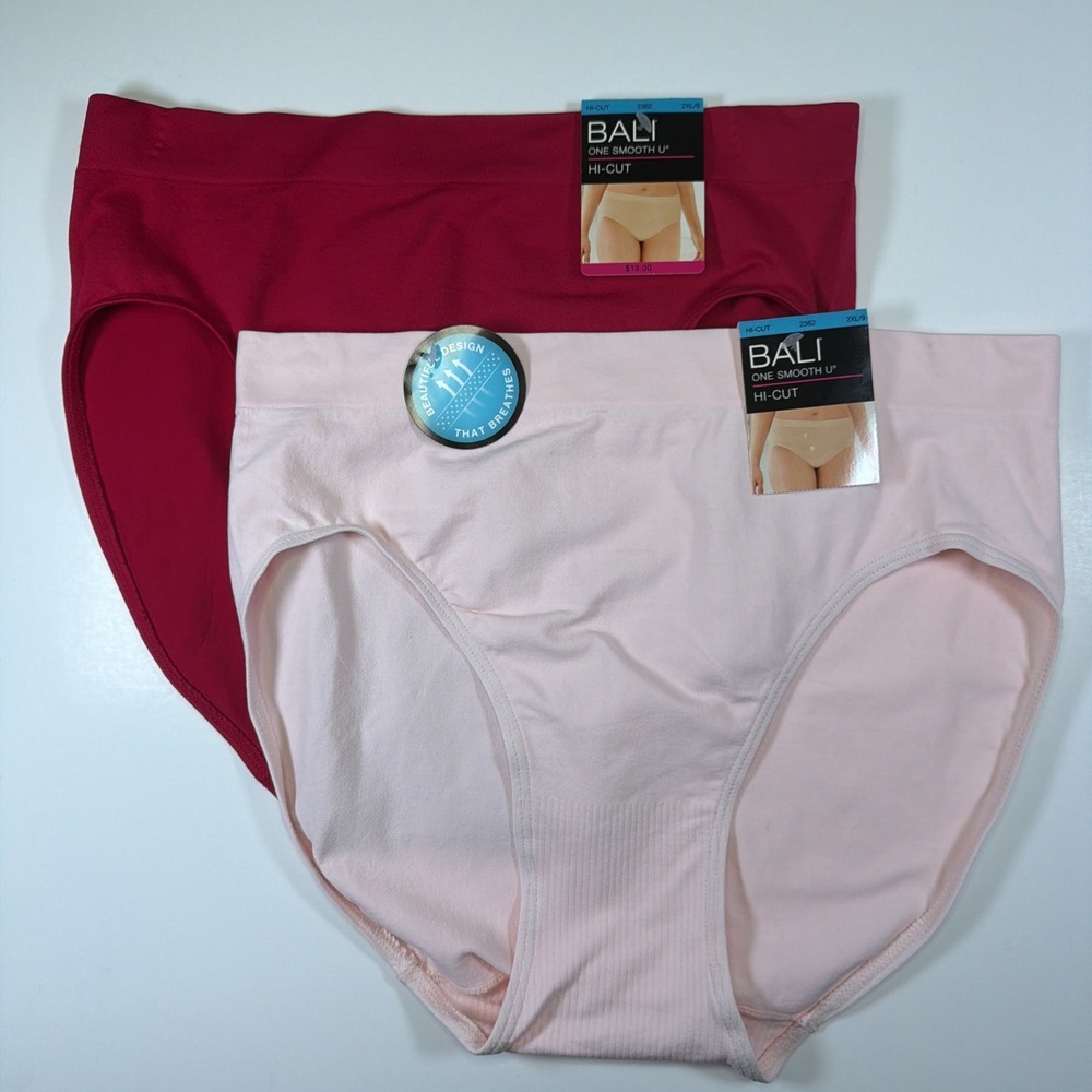 Bali One Smooth U Hi Cut Brief Panty 2XL/9 2362 NWT 2 Pack Underwear Pink Red